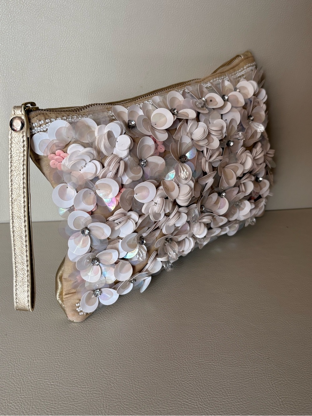 OSMO PARIS 3D Floral Sequin Beaded Wristlet Clutch Champagne Ivory